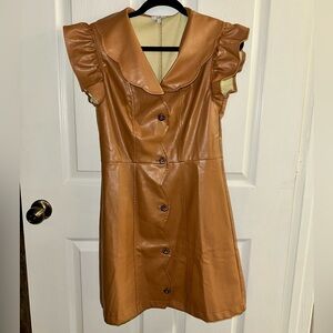 Chic Tan Ruffled Leather Mini Dress